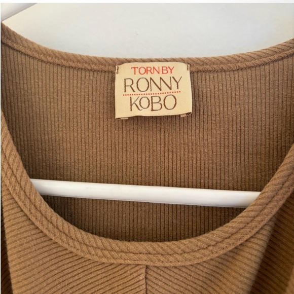 Torn by Ronny kobo twist knot front cut out tan ribbed dress XS - Picture 3 of 4